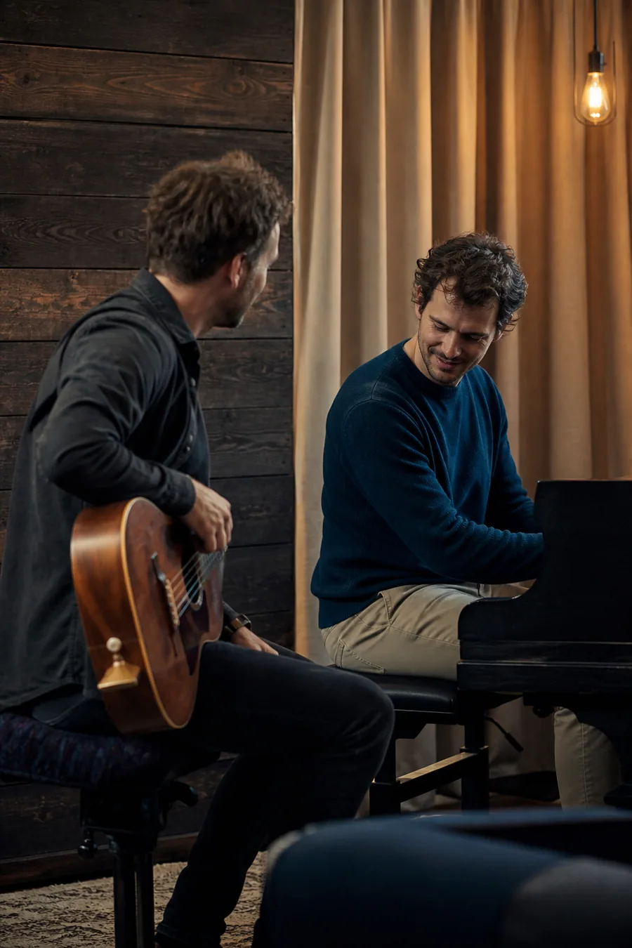 Twee worshipmuzikanten die samen muziek maken aan piano en gitaar